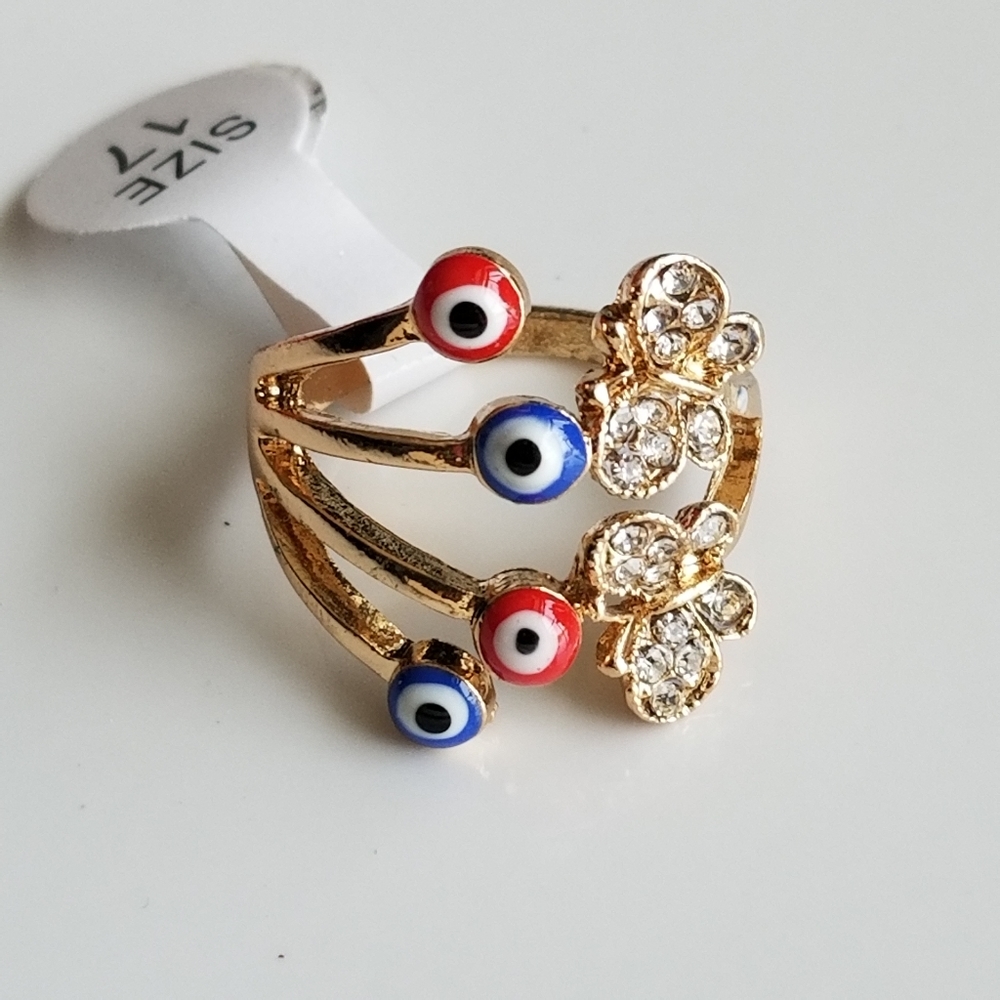 Evil Eye Butterfly Rhinestone Red & Blue Protection Gold Ring New size 7